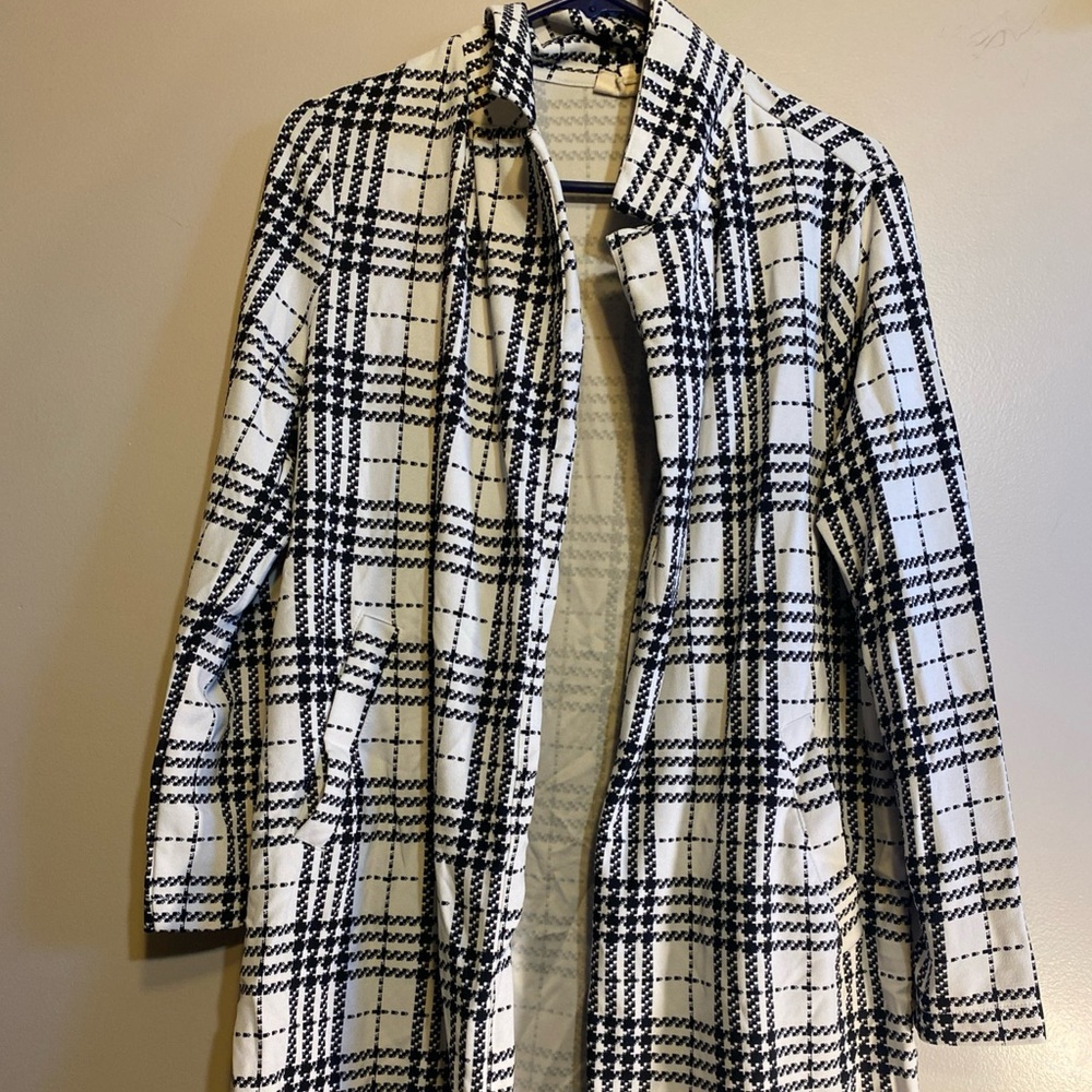 Anthropologie Melloday White Black Plaid Long Jacket Coat Size S